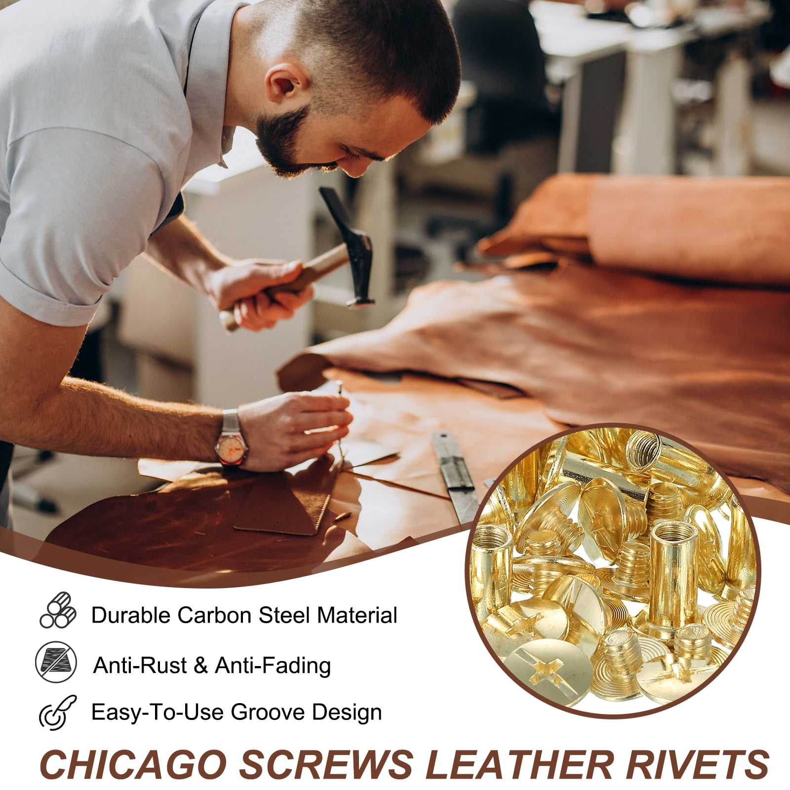 Uxcell 15mm Chicago Screws Leather Rivets, 120 Set Leather Rivets Nail Stud Screws Bolt Assorted Kit for DIY Leather Craft Bookbinding Decorate Repair Belt Bag Clothing, Gold Tone