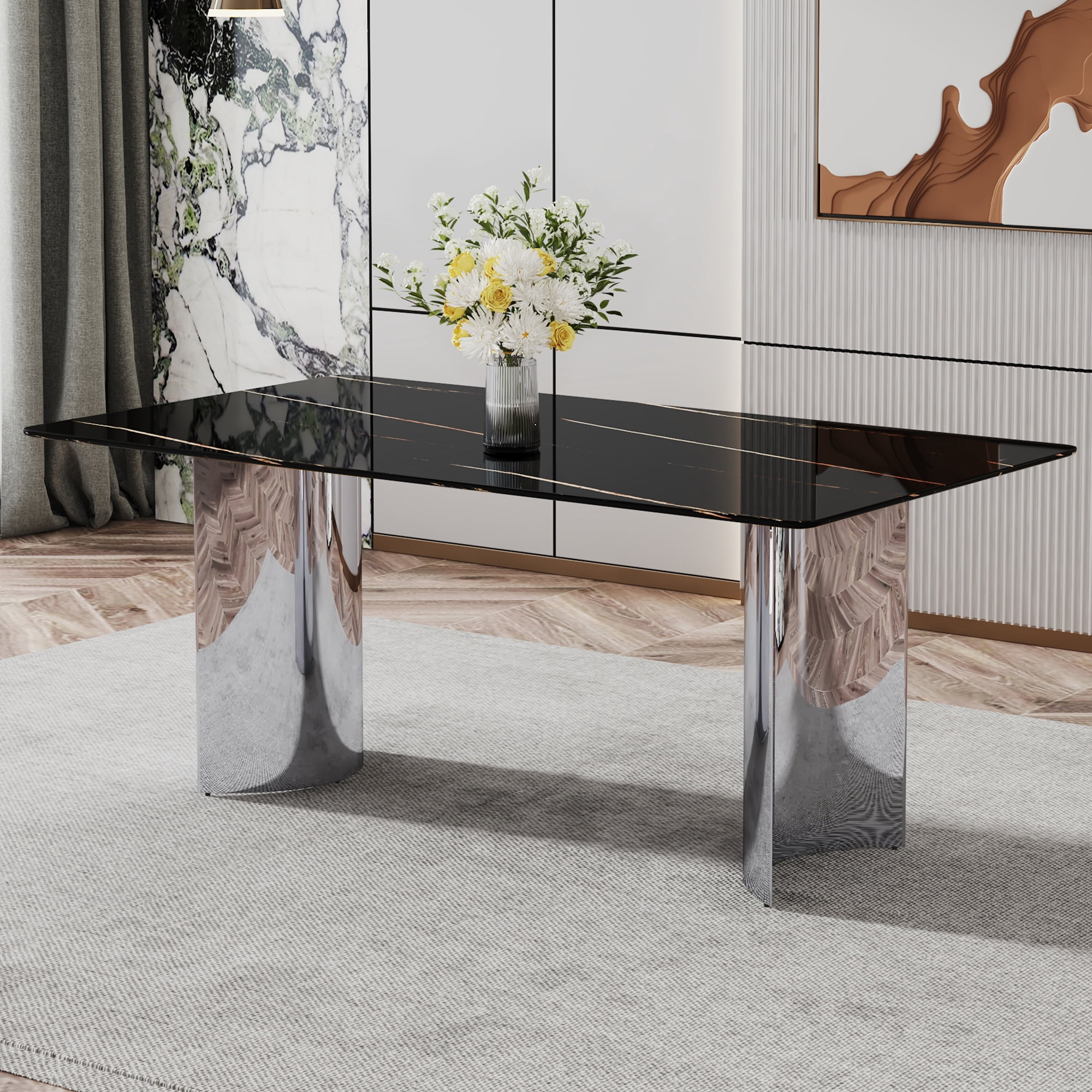TesNus 71" Modern Marble Dining Table, Black Faux Marble Rectangle Table with Chrome Plated Metal Legs for Dining Room and Kitchen