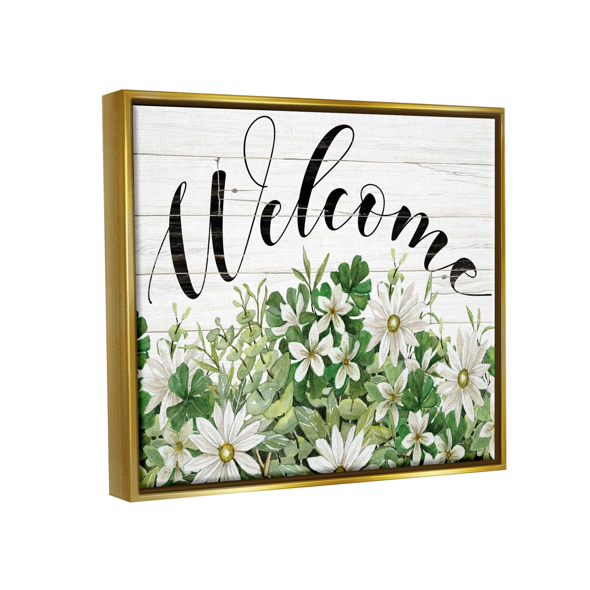 Stupell Industries Welcome Rustic Planked Sign White Flower Blossoms Graphic Art Metallic Gold Floating Framed Canvas Print Wall Art, Design by Cindy Jacobs