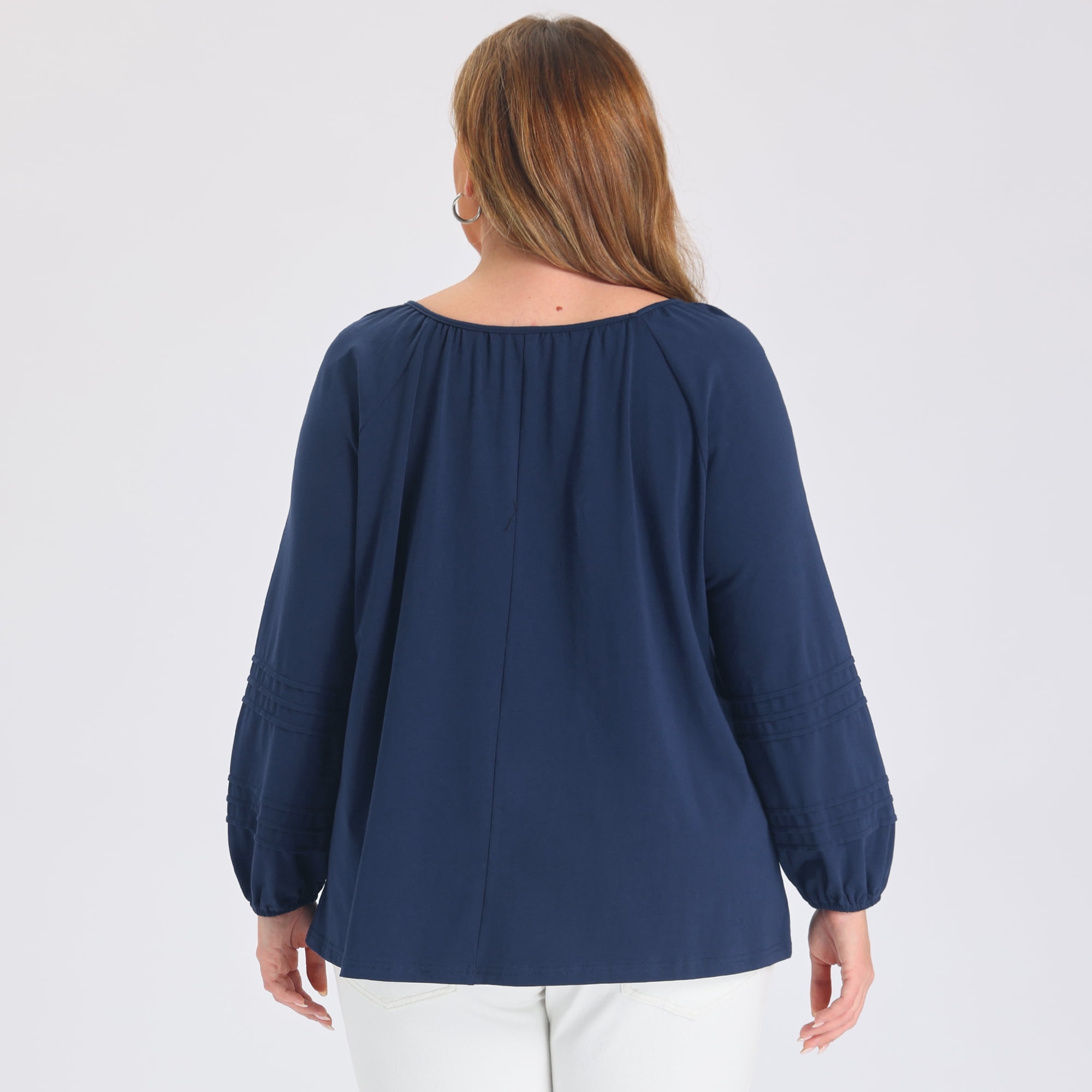 DARING DIVA Women's Plus Keyhole Neck Lantern Sleeve Pintuck 4X Navy Blue