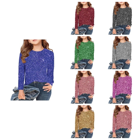 Girls Sparkly Sequin Shirts Slim Fit Long Sleeve T-Shirts Shiny Glitter Blue Tops Tees for Halloween Carnival 7-8 Years