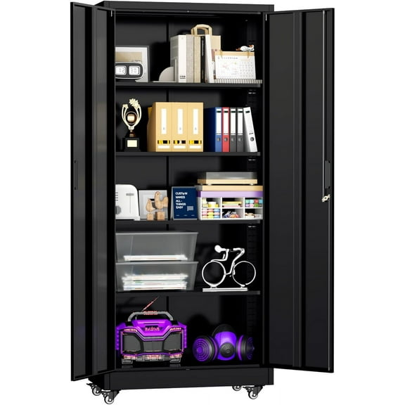 Superday Garage Storage Cabinet with Wheels, 73" H Metal Storage Cabinet with 2 Doors and 4 Adjustable Shelves, Lockable Steel Utility Tool Cabinets for Garage, Home Office(Black)