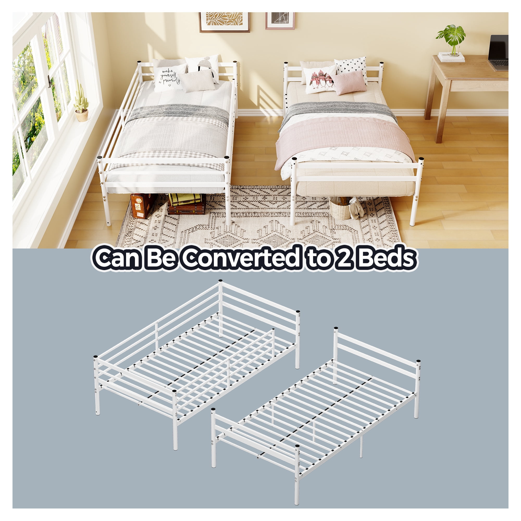 Leumius Metal Bunk Bed Twin Over Twin with Safety Guardraild & Ladder,Sturdy and Durable,No Spring Mattress Required,White