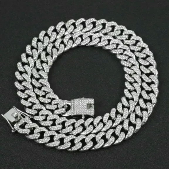 Silver Miami Cuban Link Chain Men Hip Hop Rapper Curb Music Necklace Rhinestones