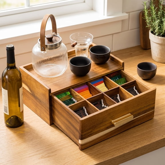zhangsen Acacia Wood Tea Bag Organizer, Tea Storage Box