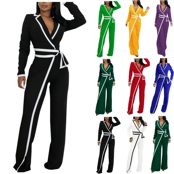 QATAINLAV Women's Long Sleeve Lapel V Neck Jumpsuits Fashion Colorblock Business Casual Outfits Belted Nightclub Party Rompers, Green, S