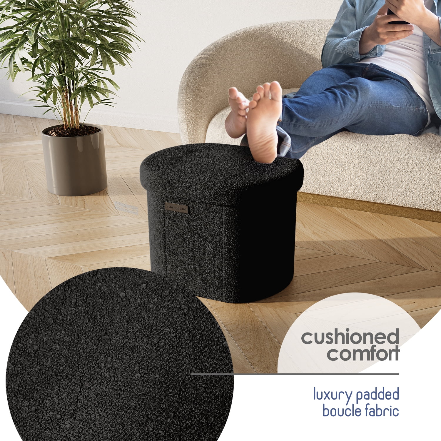 Hearth & Harbor Oval Storage Ottoman Bench, Boucle 18" Ottoman with Storage , Black