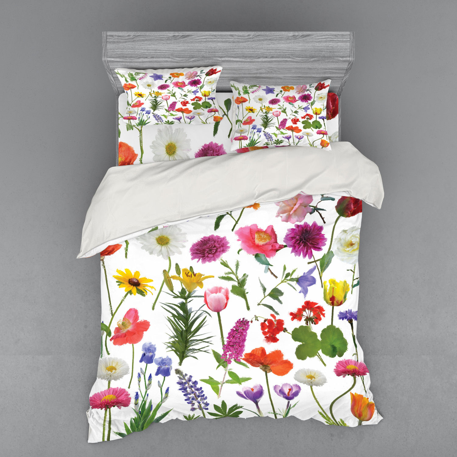 Flower Duvet Cover Set, Types of Flowers Vivid Colored Roses Tulips
