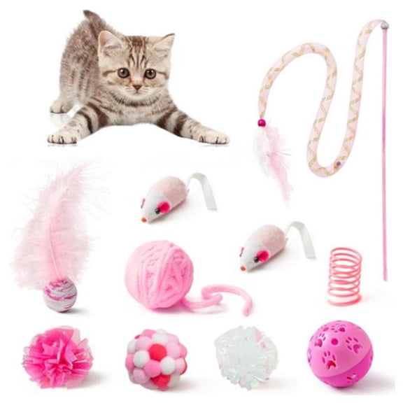 10Pcs Cat Toy Set Interactive Cat Toys Pack Including Feather Teaser Wand Cat Springs Mice Crinkle Balls and Pet Bell Balls, Puzzle Toys for Indoor Cats Gift