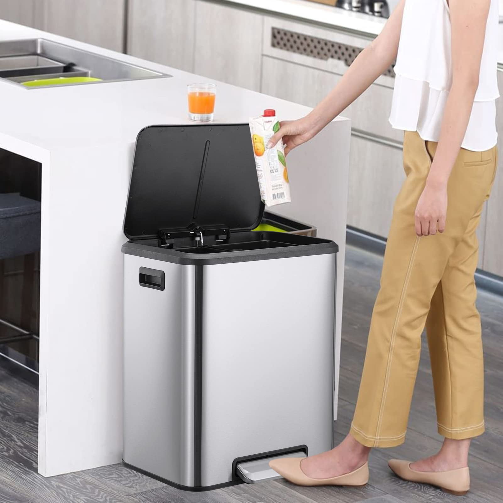 8 Gallons/30 L Dual Compartment Trash Can, Stainless Steel Garbage Can with Soft-Close Lid and Two Removable Inner Bucket