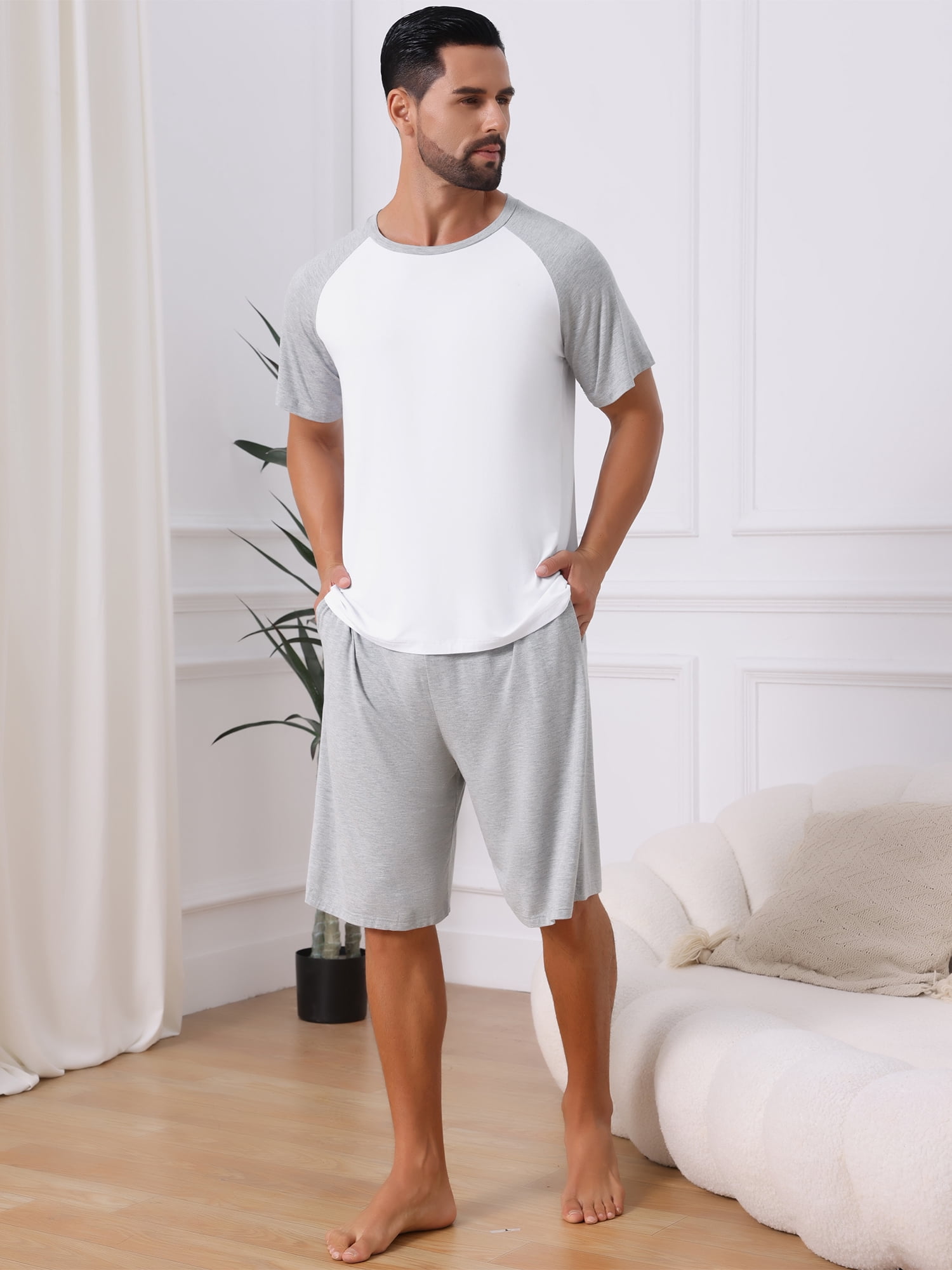 DARING DIVA Men's Sleepwear Pajama Raglan Crew Neck Drawstring Pajama Set M Gray White