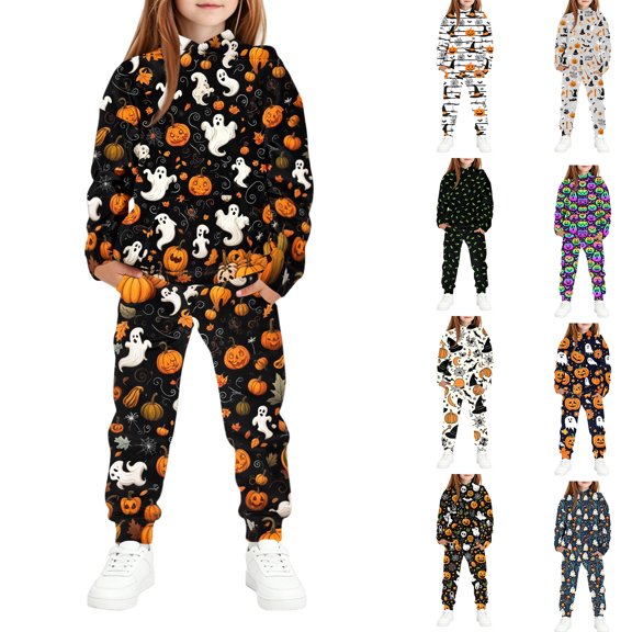 Girls Halloween Costume Plush Warm Pullover Sweatshirt Pumpkin Patch Photo Relaxed Fit Jogger Outfit Set