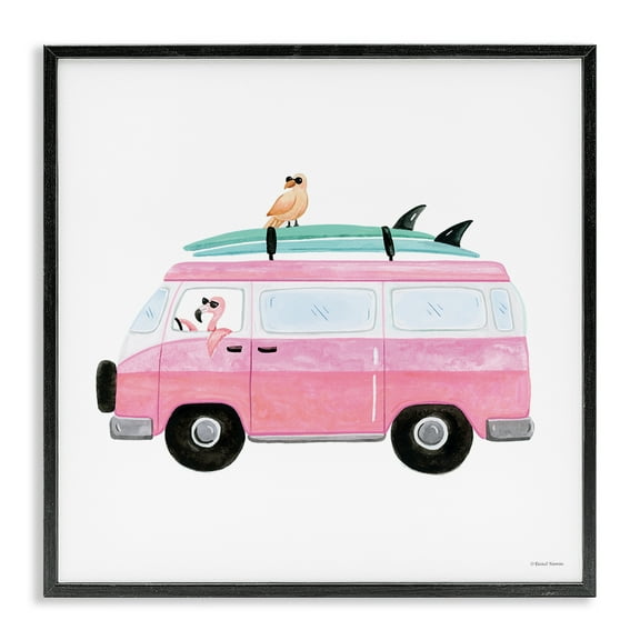 Stupell Industries Summer Birds & Van Transportation Painting Black Framed Art Print Wall Art, 12 x 12