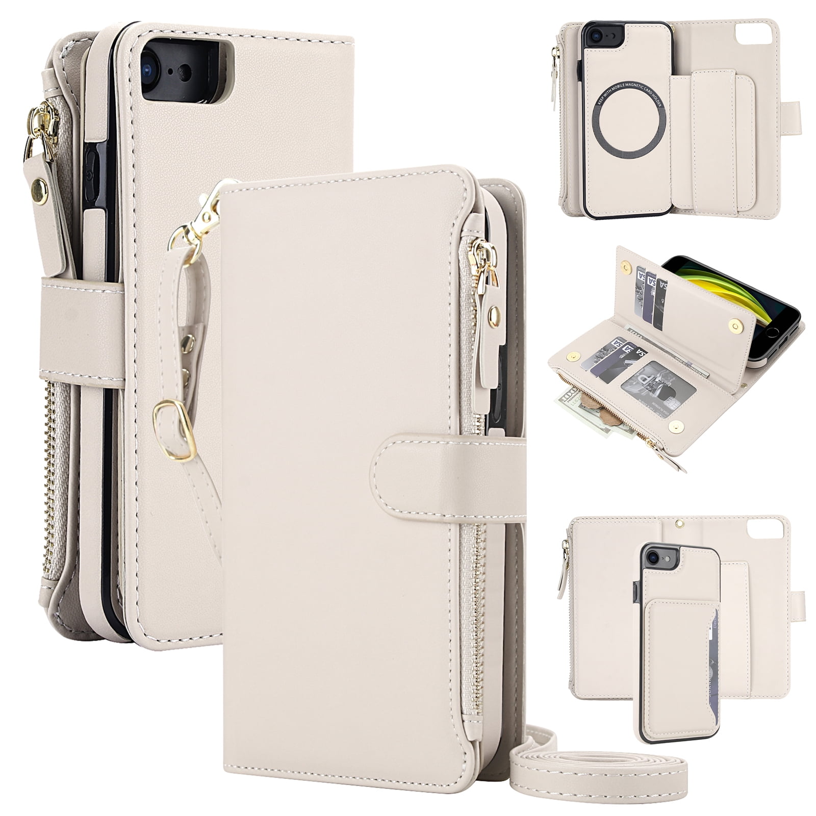 Dteck Magnetic Case for Apple iPhone 7 / 8 / SE 2022 & 2020 with Crossbody Shoulder Strap, Zipper Wallet Pocket Shockproof Detachable 2-in1 RFID Blocking Card Slot Cover, Apricot