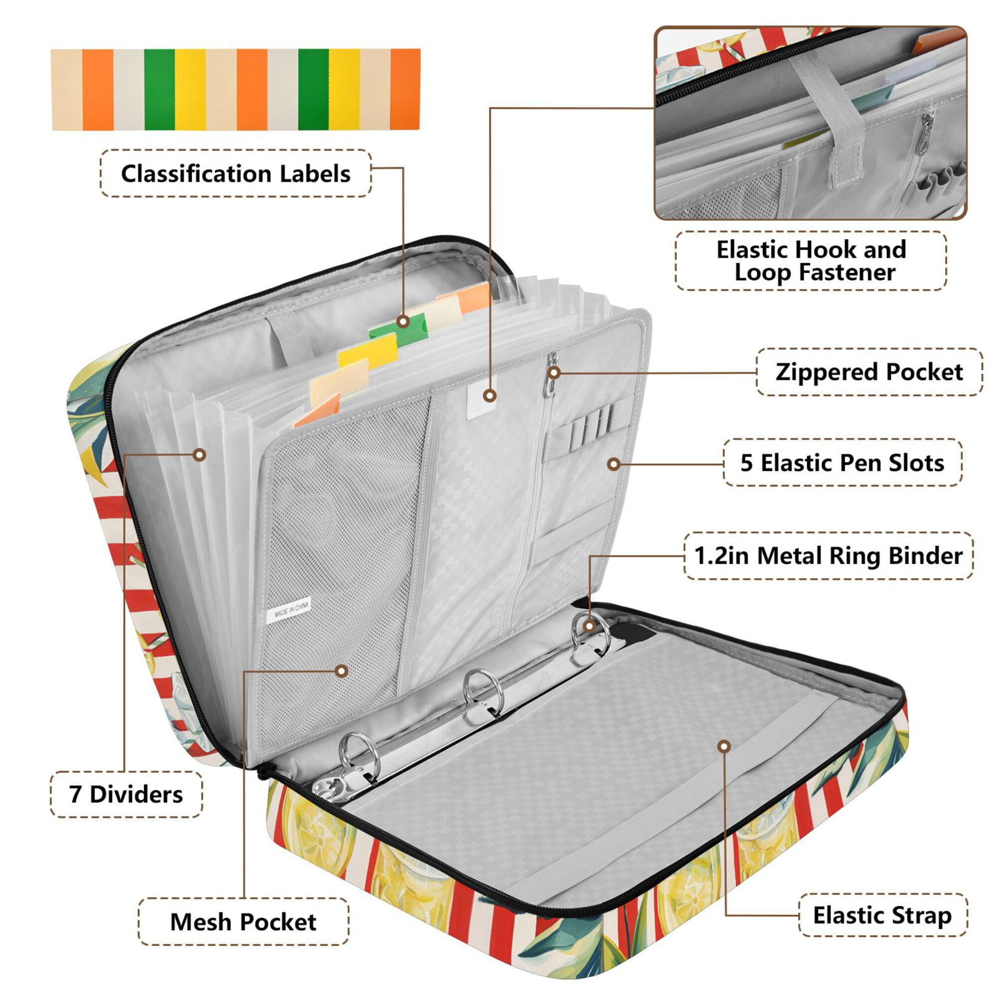 FORMRS Accordion File Folder A4 Size 7-Pocket Expanding Document Organizer Bag with 3 Ring Binder, White Striped Lemon
