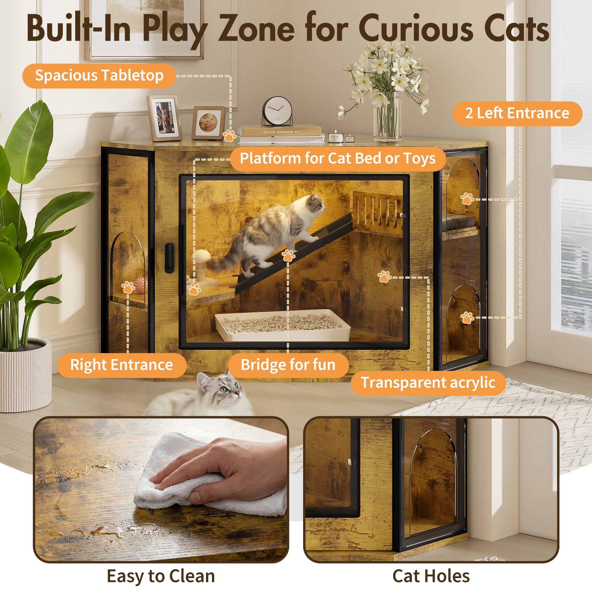 Aukfa Corner Cat Litter Box Furniture with LED Light, Hidden Cat Litter Box Cabinet with Acrylic Door, Storage & Play Area,Brown