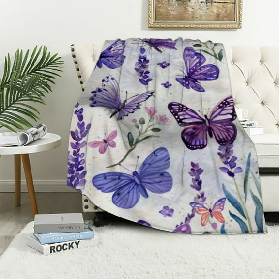 Nawypu Purple Lavender Floral Flowers Butterfly Throw Blanket Lavender Lover Gifts for Girls Boys Men Women Lavender Decor Ultra Soft Warm Plush Blankets for Bed Chair Car Sofa Couch