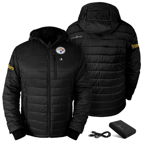Men's ActionHeat Black Pittsburgh Steelers 5V Battery Heated Insulated Puffer Full-Zip Hoodie Jacket