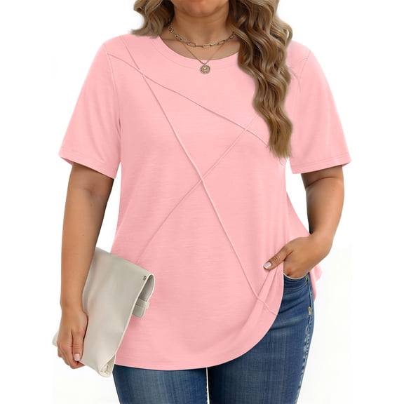 Fantaslook Women Plus Size Tops Pleated Crewneck Short Sleeve Shirts Casual Summer Tops