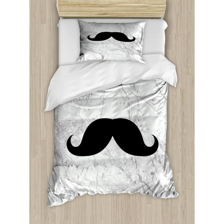 Manly Duvet Cover Set Mustache Motif On Cracked Weathered Marble