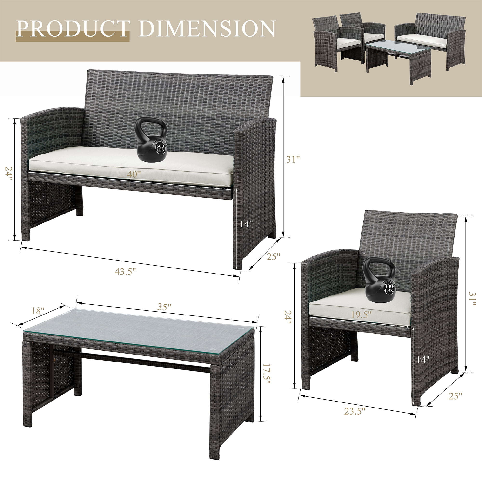 Walsunny Outdoor Patio Rattan Wicker Furniture Conversation Set 4 Piece with Cushions Tempered Glass Tabletop,White