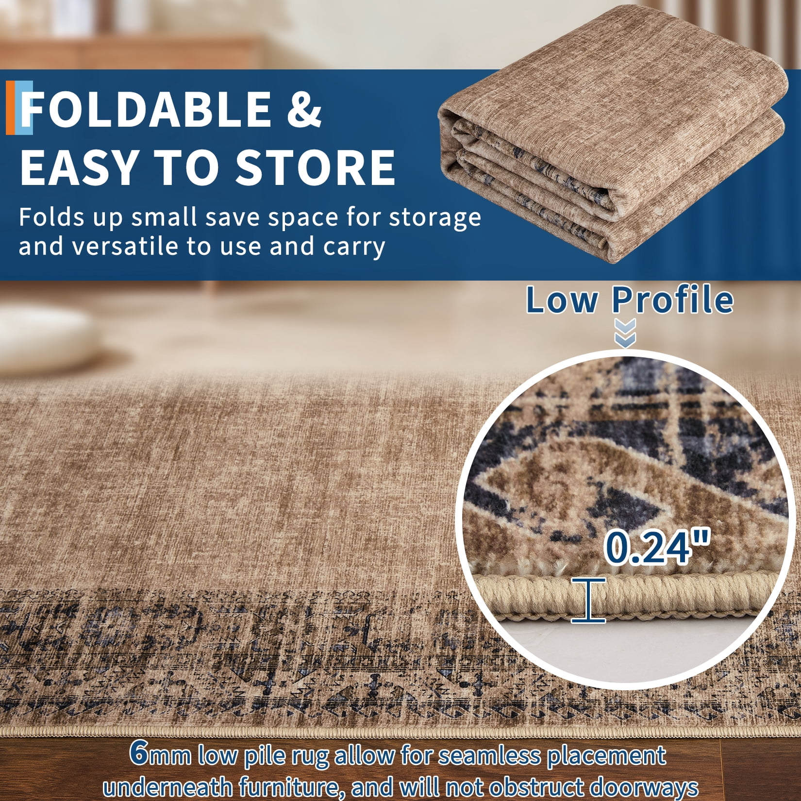 Hasoo Living Room Area Rug 5' x 7' Border Rug for Bedroom Stain-Resistant Washable Indoor Carpet, Brown