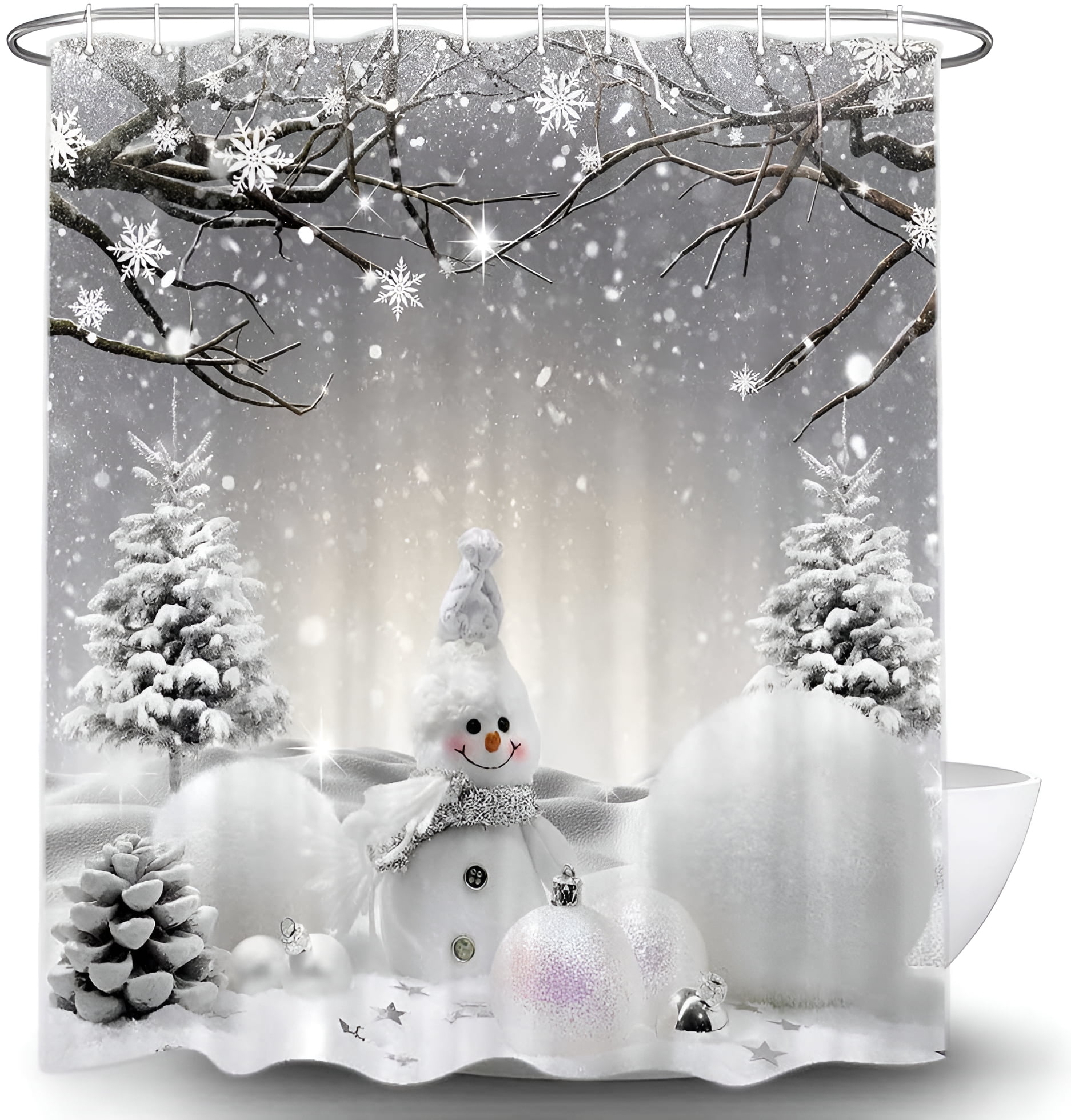 Newhomestyle Snowman Shower Curtain, Grey Winter Snowflake Holiday Xmas Fabric Shower Curtains Set for Bathroom, 72x72 inches