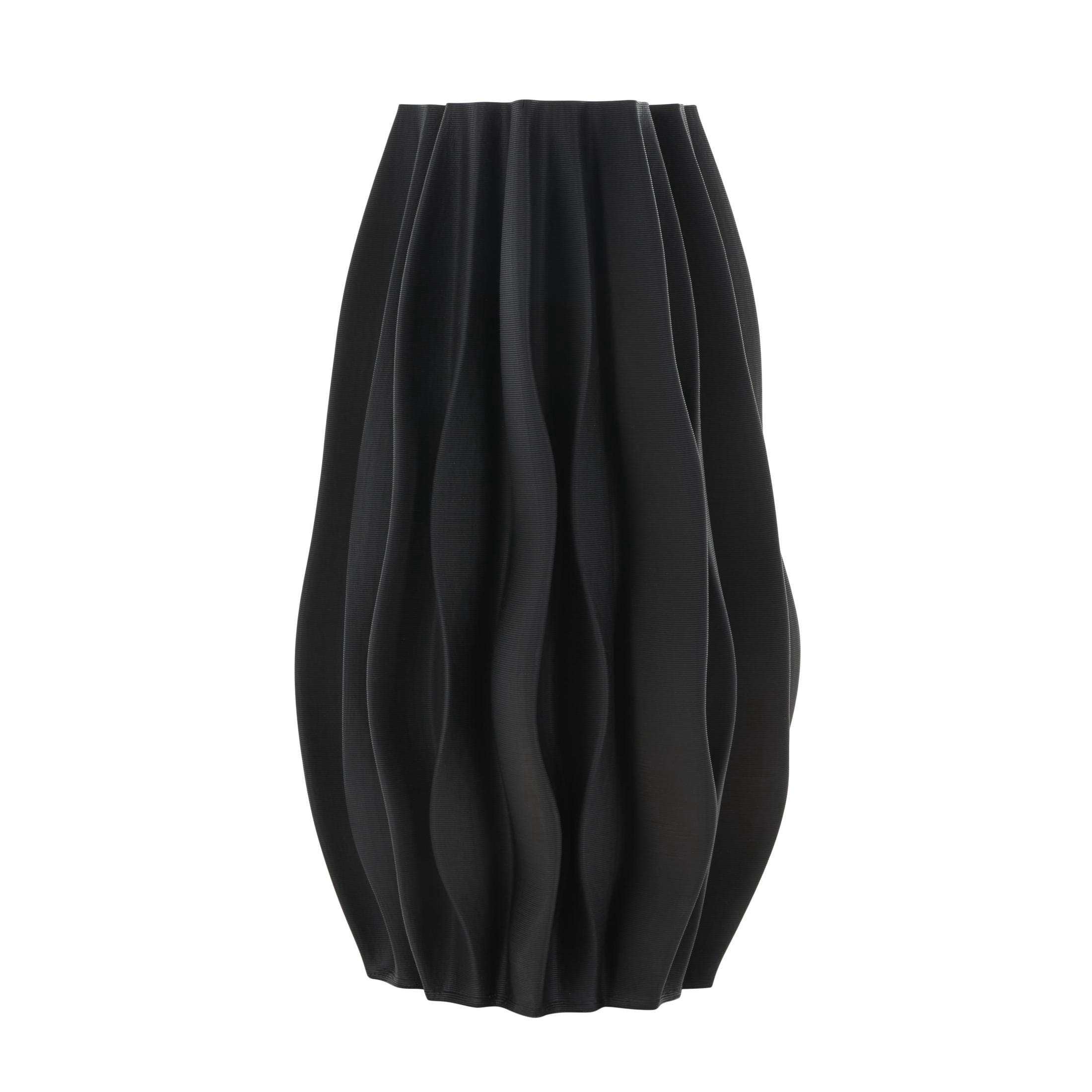 DecMode 14" Abstract Dimensional Wavy Ribbed Black Ceramic Vase with Floral Shaped Rim