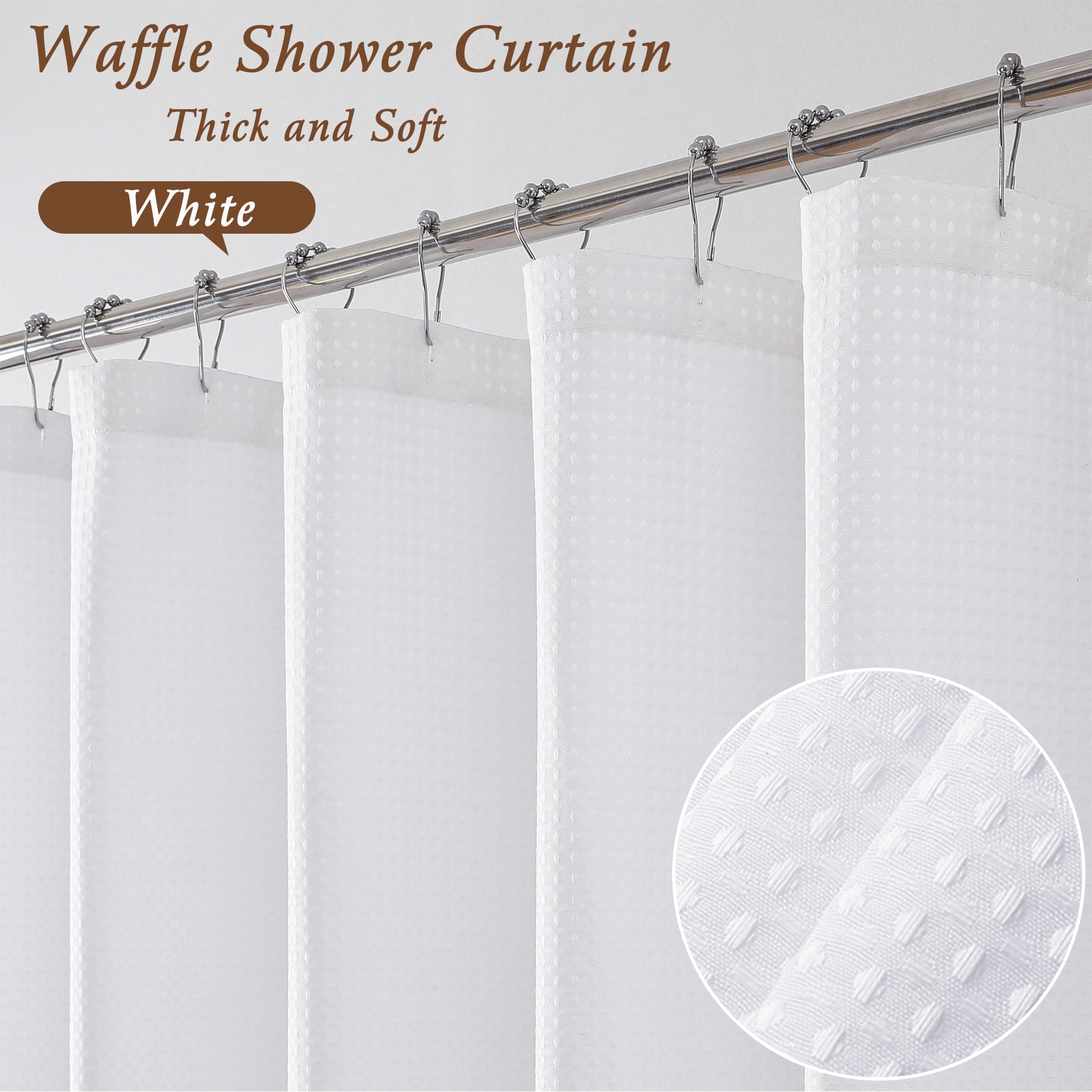 OVZME Extra Long Fabric Shower Curtain - 84 inch Long Waffle Weave Heavy Textured Fabric Bathroom Shower Curtain, Neutral Weighted Hotel Thick Bath Curtains, 72"Wx84"H, White