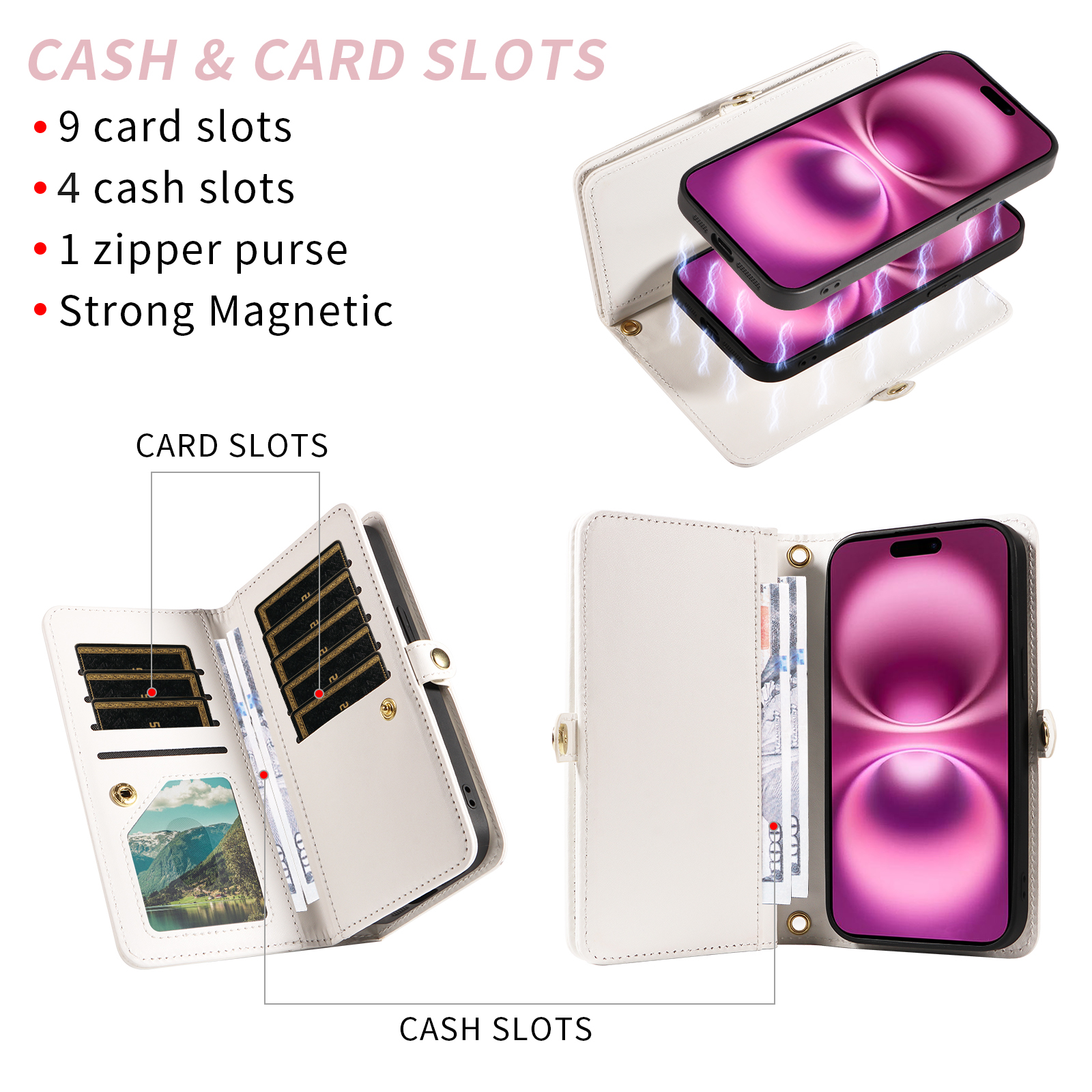 Asuwish Phone Case for iPhone 16 Plus 6.7 inch Zipper Wallet Detachable Cell Cover with Tempered Glass Screen Protector Crossbody Lanyard Strap Bling Glitter Flip Card Holder Slot i Phone16Plus White