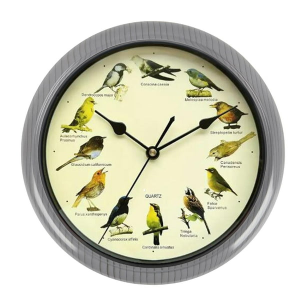Reloj de pared con pájaro cantor, reloj melódico multiusos, funciona con pilas. Gris 32cm