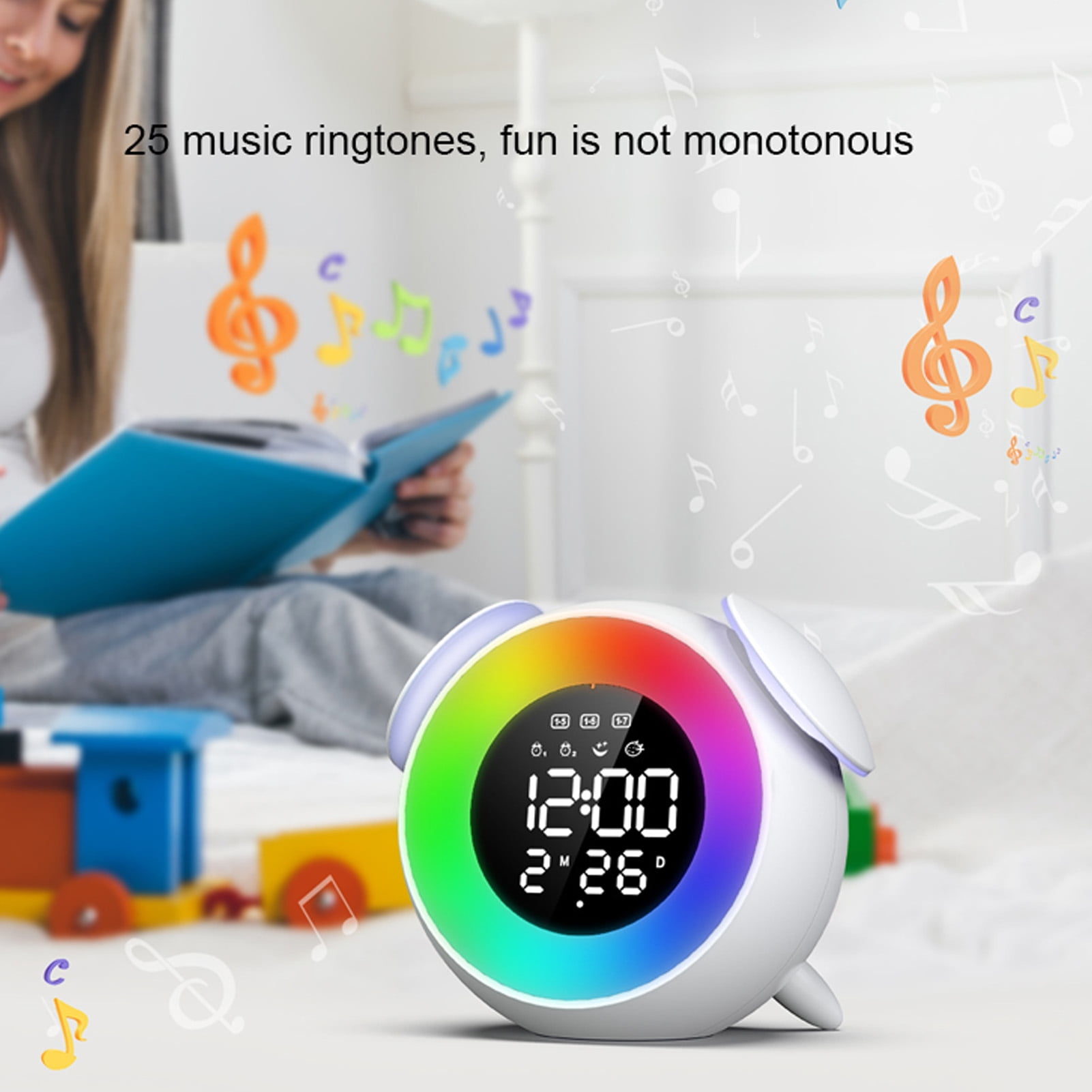 NFTIGB Wake Up Light Alarm Clock, Colorful RGB Bedside Digital LED Clock with Music, Rechargeable Smart Sound Machine for Bedroom, 6.69 inches / 17 cm, Multicolor