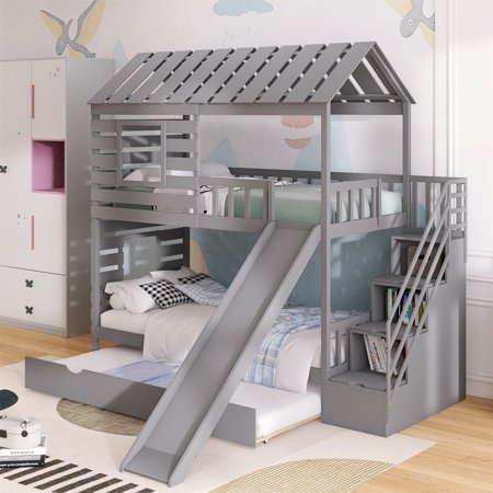 Twin over Twin Bunk Bed with Trundle and Storage Staircase  Wood House Bunk Bed Frame with Slide and Roof Window Design  Playhouse Bed for Kids  Teens  Adults  No Box Spring Required  Gray