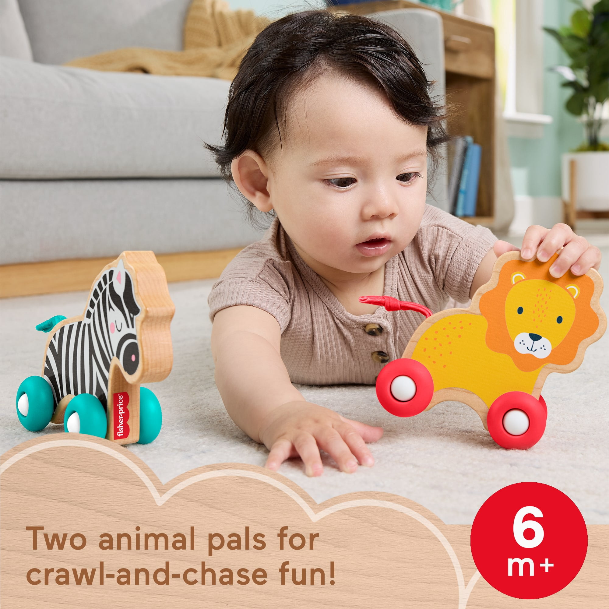 Fisher-Price Wooden Push Along Animals, Lion & Zebra Toy Vehicles for Infant Crawling Play