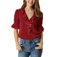 thumbnail image 3 of INSPIRE CHIC Women's Ruffled V Neck Puff Elbow Sleeve Semi-Sheer Chiffon Blouse L Red, 3 of 9