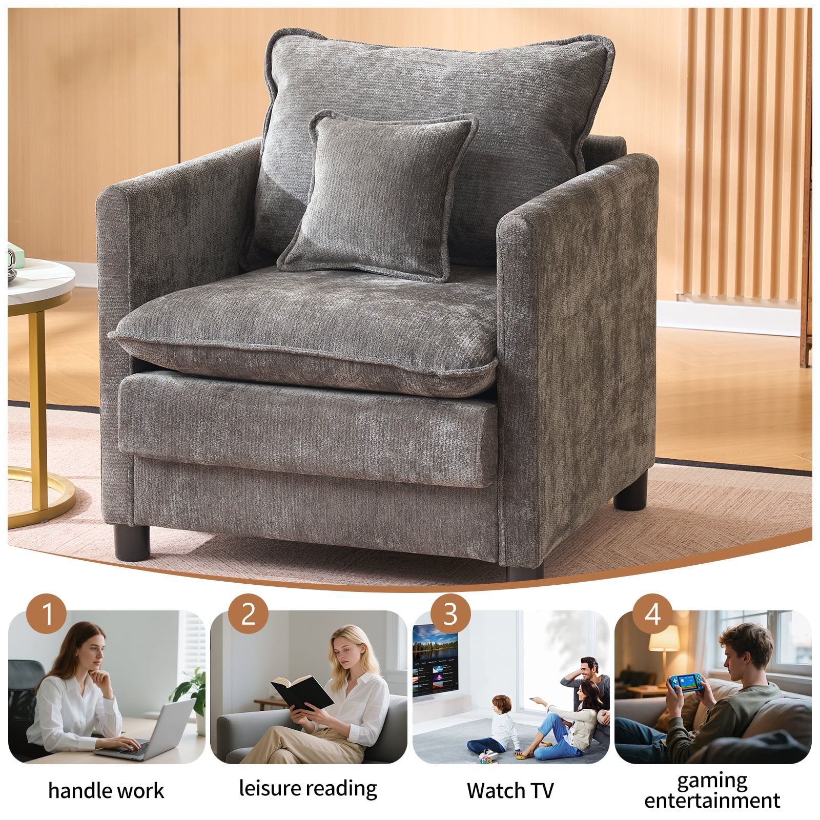 Modern Accent Chair,Linen Single Sofa Chair,Modern Reading Armchair with Pillow for Living Room,Bedroom,Dark Grey