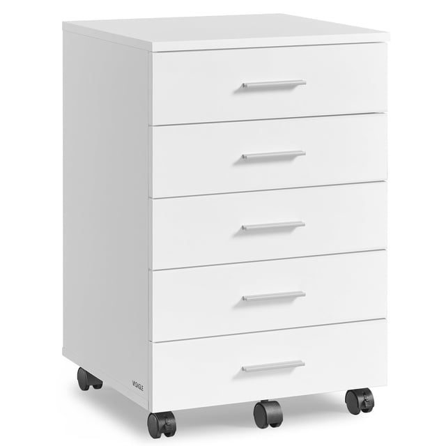 VASAGLE UOFC081W01 - Archivador móvil con Ruedas, Soporte para Impresora con 5 cajones, rieles deslizantes sin Herramientas, para Estudio, Oficina en casa, Blanco Nube