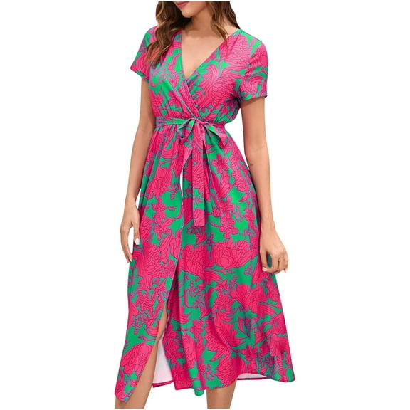 up to 60% off Gifts wycnly Formal Dresses for Women Beach Vacation Fashion Tie Waist Wrap Slit Sun Dresses V-Neck Short Sleeve Dot Print Summer Long Dress Pink l