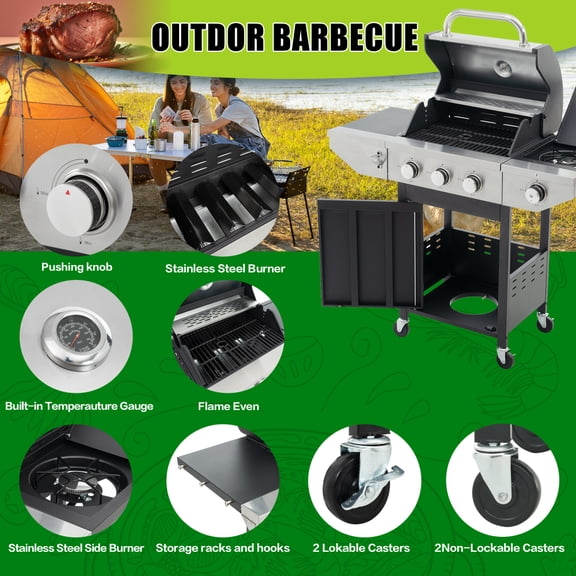 Gearwell Propane Gas Grill, 3 Burner Stainless Steel Barbecue Grill with Side Burner, 37,000 BTU Outdoor BBQ Grill for Patio Garden Backyard Cooking, Black and Silver