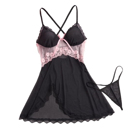 QSAWXQZ Women's Sheer Slip Dress Babydoll Chemise Spaghetti Strap Sleeveless V Neck Tie Open Back Lace Print with Thong for Night L