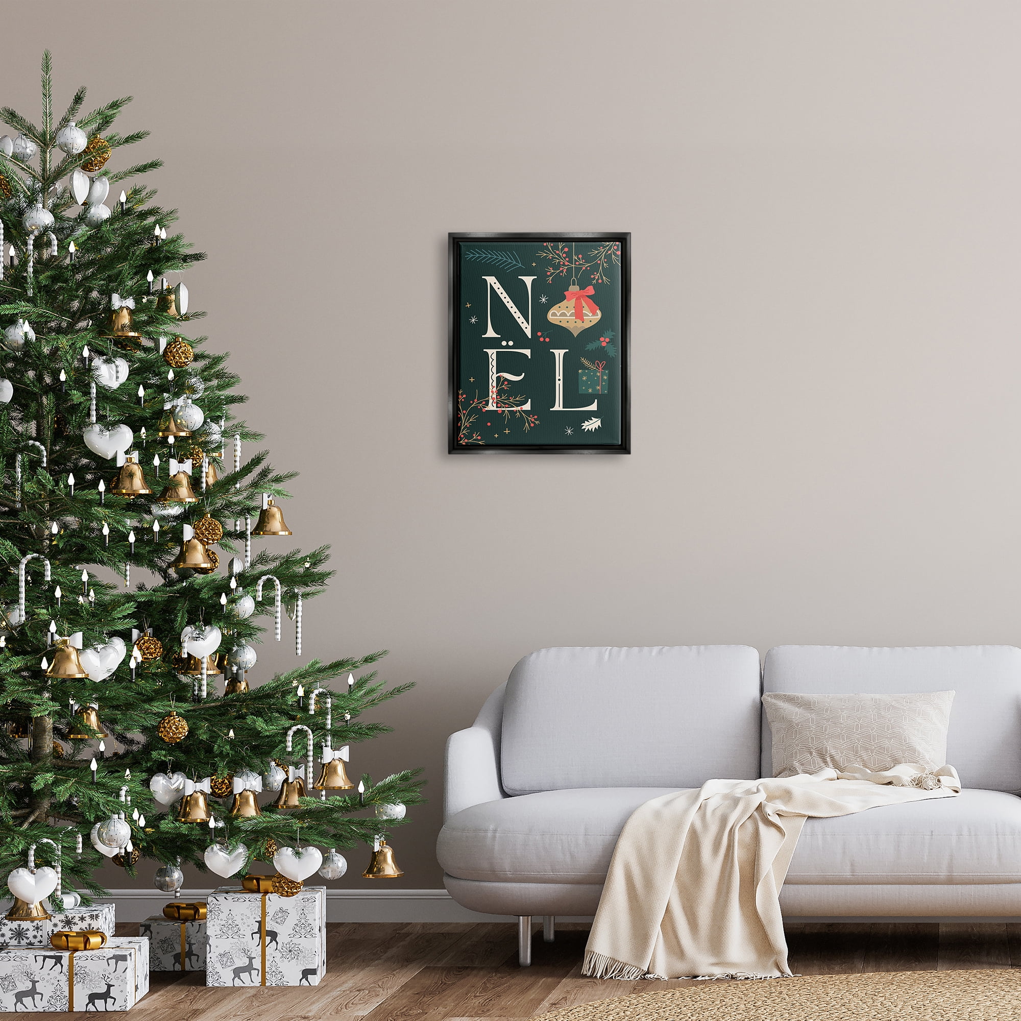 Stupell Industries Noel with Holiday Ornament Holiday Painting Black Floater Framed Canvas Art Print Wall Art, 17 x 21