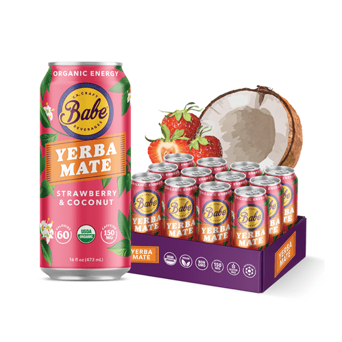 Babe Yerba Mate, Natural Energy Drink Alternative, Organic Strawberry Coconut, 16oz (Pack of 12), 150mg Caffeine