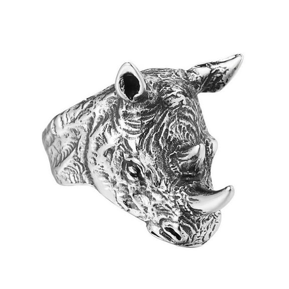 PikaLF Rhino Ring for Men, Rhinoceros Ring, Stainless Steel Norse Viking Rhino Head Ring, Vintage Rhinoceros Head Totem Amulet Ring, Punk Animal Rhino Jewelry Gift for Men