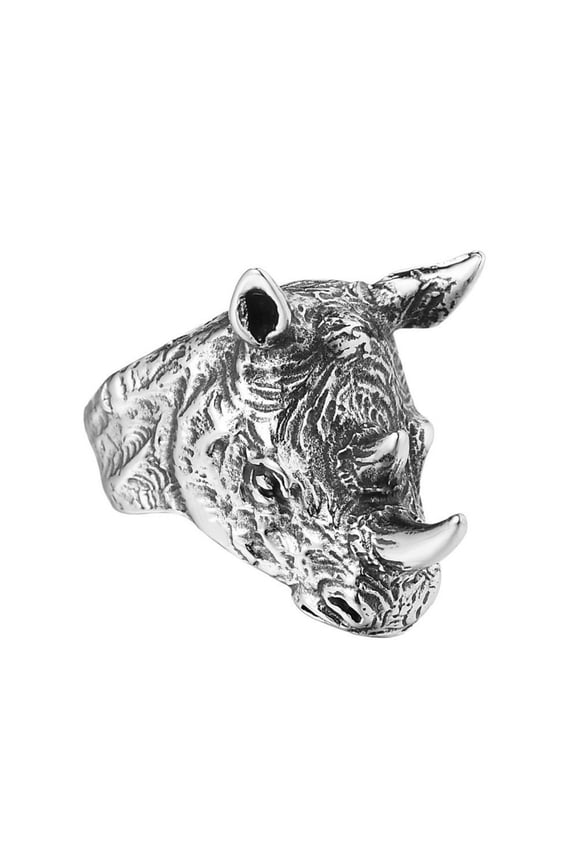 Rhino Ring for Men, Rhinoceros Ring, Stainless Steel Norse Viking Rhino Head Ring, Vintage Rhinoceros Head Totem Amulet Ring, Punk Animal Rhino Jewelry Gift for Men Boys
