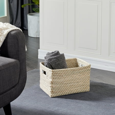 CosmoLiving by Cosmopolitan 15" x 10" Brown Seagrass Handmade Storage Basket with Handles, 1-Piece