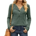 thumbnail image 4 of 2023 Cotonie Women's V-Neck Solid Color Long Sleeve Tops Button T-shirt Casual Summer Autumn Blouse Basic Tops,Army Green,L, 4 of 6