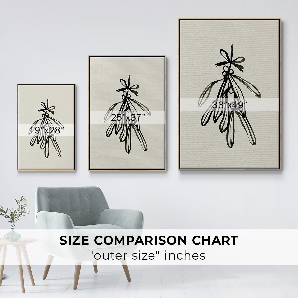 Mistletoe Sketch with Bows II - Framed Gallery Wrapped Holiday Canvas - 17 x 25 - Natural Wood Frame