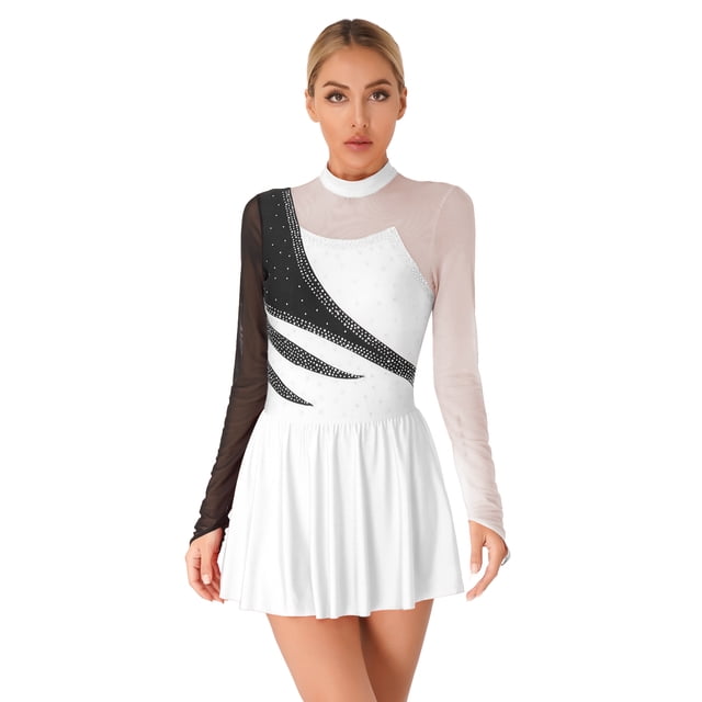 vastwit Robe de Patinage Artistique en Maille Transparente pour Femmes Manches Longues Robe de Danse Lyrique Ballet Blanc P