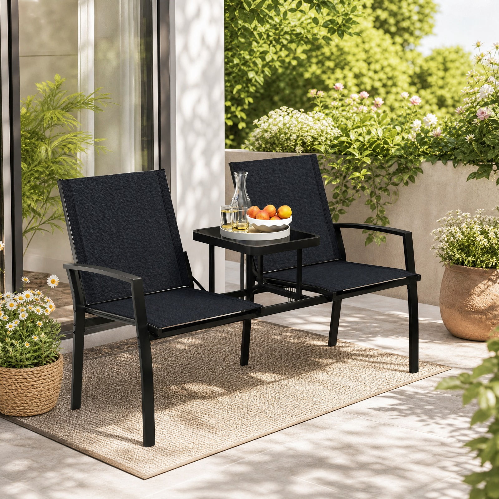 Furnibear Patio Loveseat with Built in Table and Breathable Fabric Back for Porch Garden and Poolside Outdoor Seating, Black