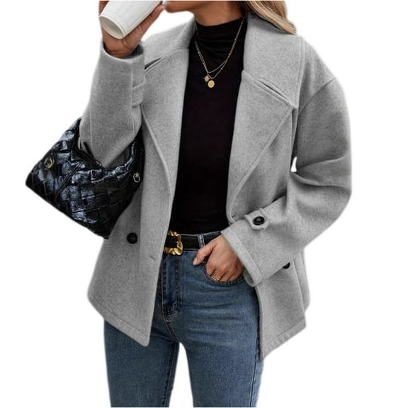 Women's Winter Loose Fit Cropped Wool Coat Double Breasted Dressy Short Blazer Jacket Peacoat Gray M